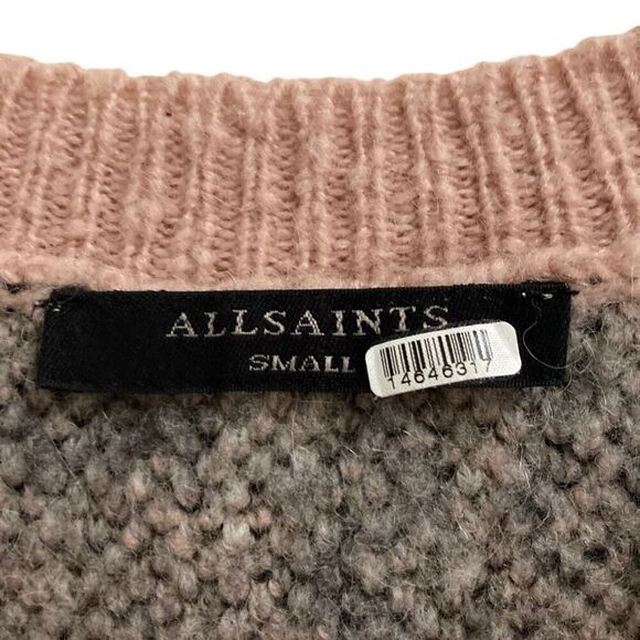 AllSaints Animal Print Cropped Aurora Crew Fuzzy Pink Leopard Sweater Women’s S - Picture 9 of 12